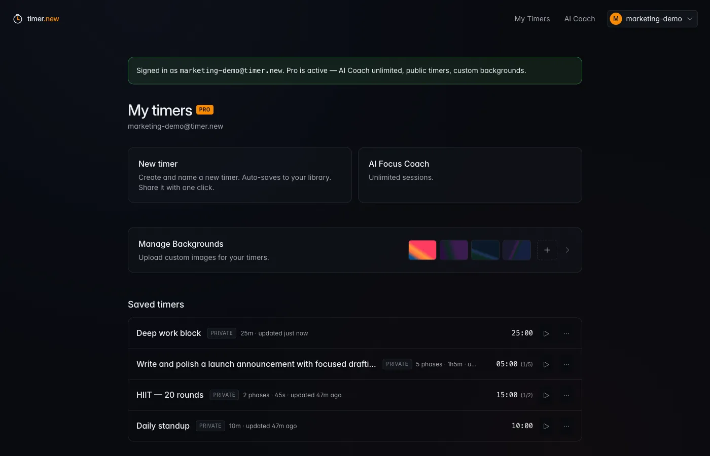 My timers dashboard showing four saved timers including a deep work block and HIIT rounds