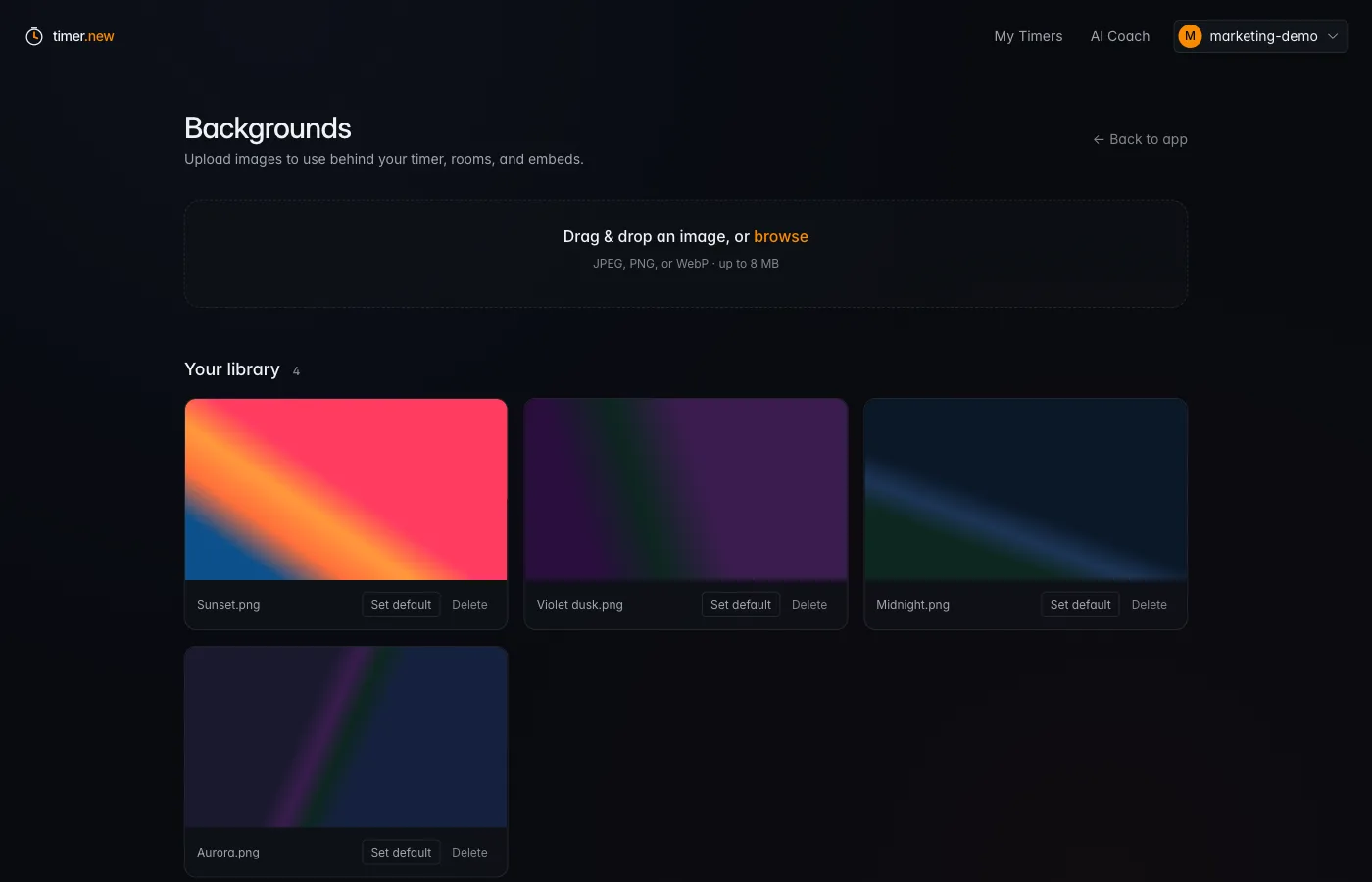 Backgrounds gallery showing three gradient tiles in the user's library