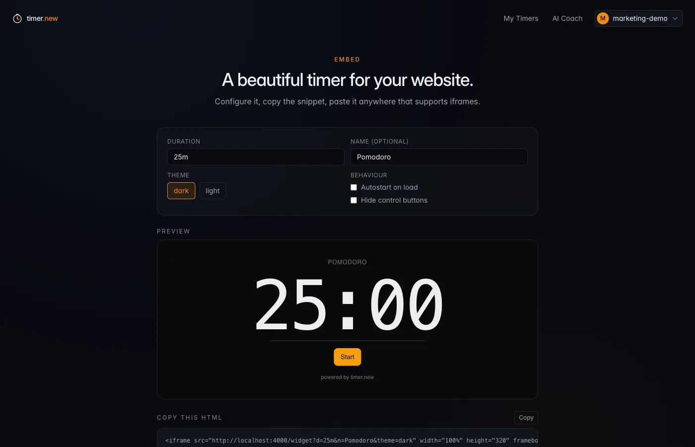 Embed configurator with theme picker, autostart options, live preview, and an iframe snippet