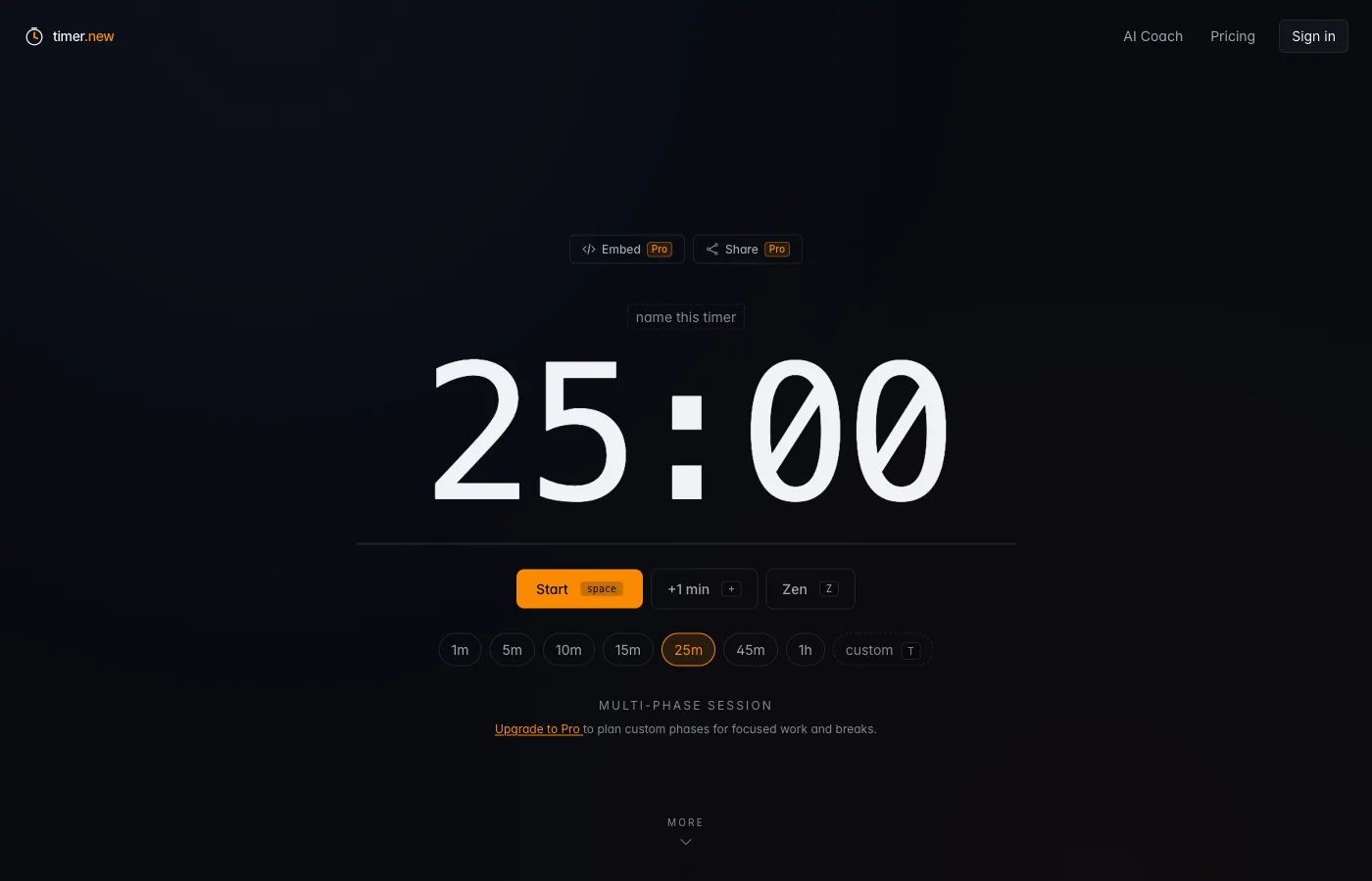 timer.new home — the timer reads 25:00 with preset chips below