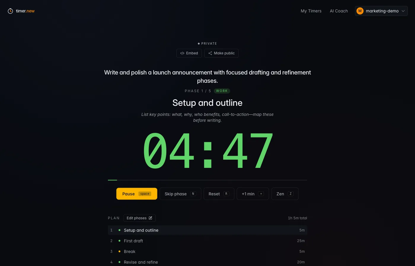 Phased timer running 'Setup and outline' phase 1 of 5, with a five-phase plan visible below