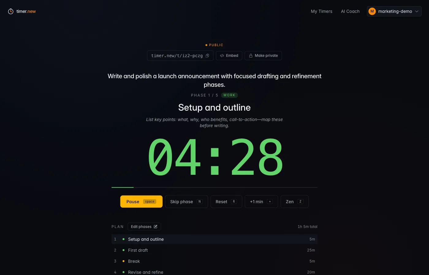 Public timer chip showing timer.new/t/iz2-pczg with Embed and Make private buttons