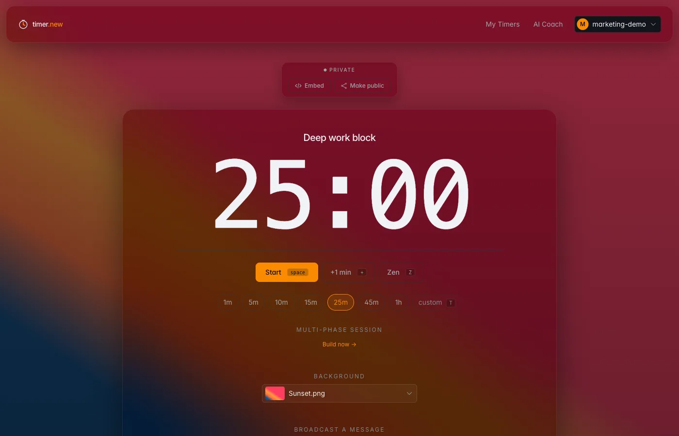 Saved timer 'Deep work block' with a vivid orange-to-pink sunset background applied behind the chrome