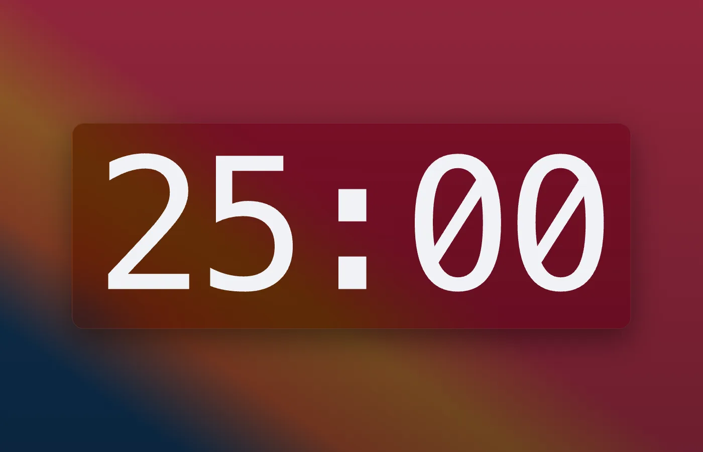 Zen mode — a giant 25:00 countdown floating over a vivid sunset gradient